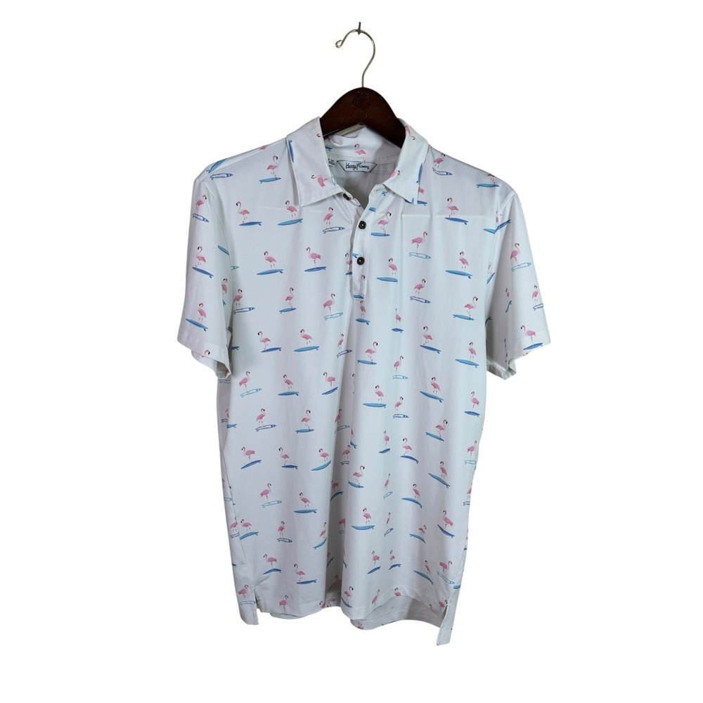 Kenny Flowers"Surfing Flamingos" Golf Shirt.‎ Size Medium Stretch Performance
